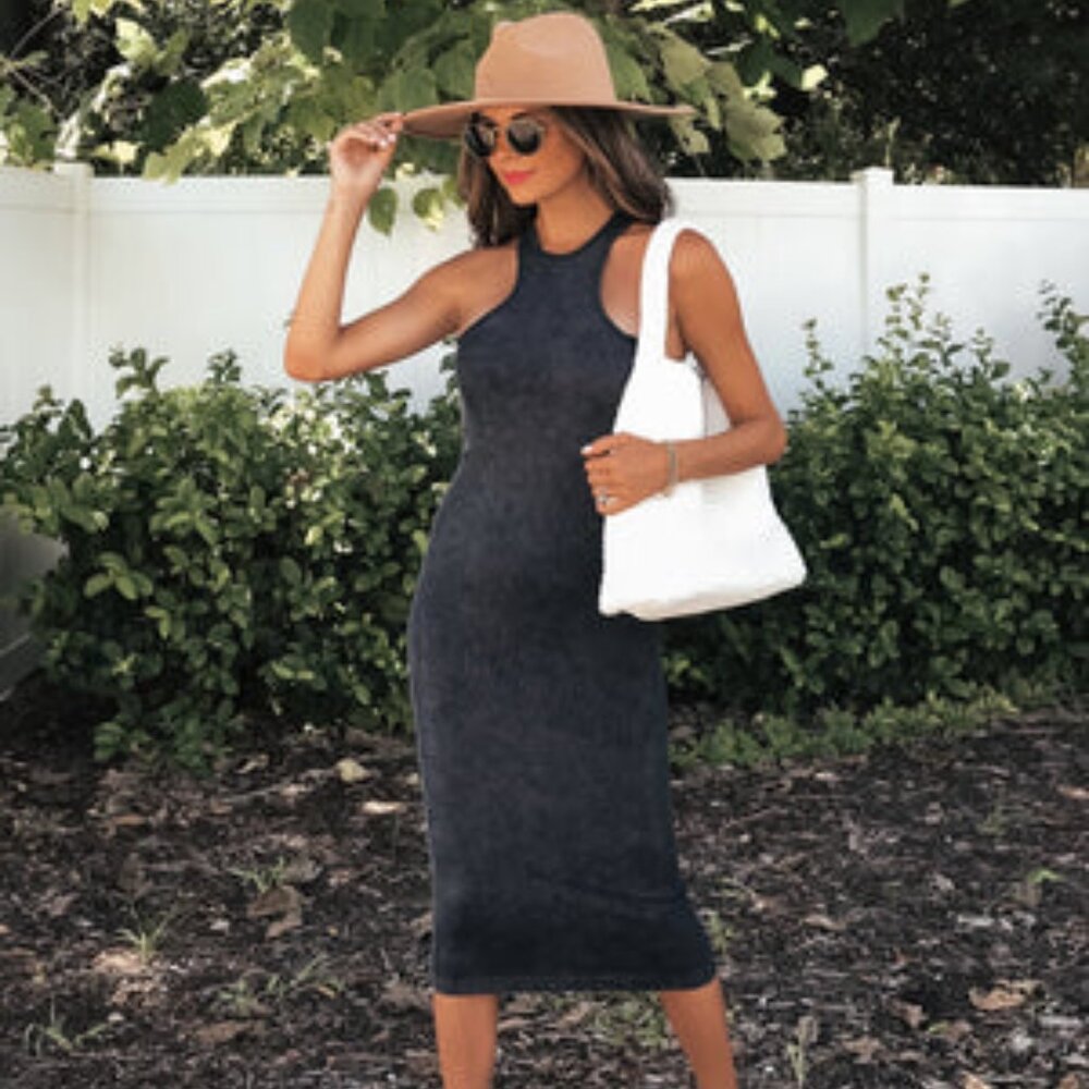 Ribbed Bodycon Midi Dress in Charcoal